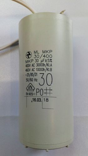 30 µF 400 Vac Motorbetriebskondensator Hydra mit Anschluß Litzen, Kl.A
